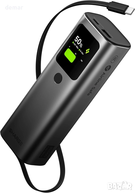 Външна батерия sharge 165W 20000mAh, вграден прибиращ се кабел,3 порта, снимка 1