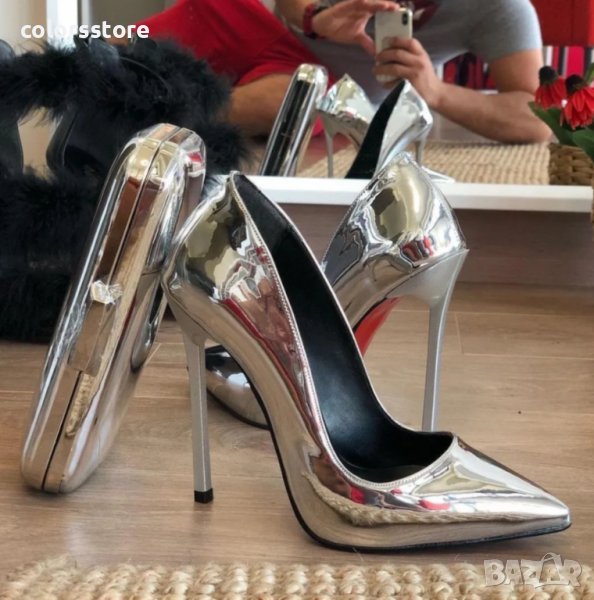 Обувки на ток - сребрист лак със сребрист ток - 6060, снимка 1