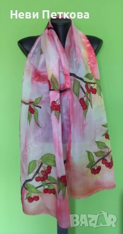 Рисуван шал ЧЕРЕШКИ, снимка 3 - Шалове - 40592652