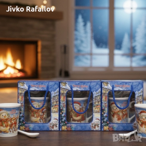 Празничен комплект за топли напитки – Керамична чаша и лъжичка в коледна опаковка, снимка 2 - Чаши - 52803282