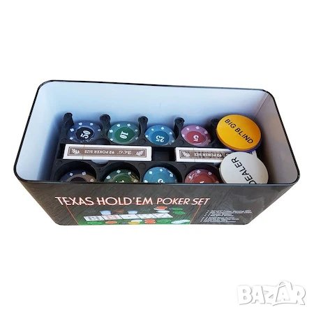 Premium Poker Texas Hold'EM комплект, с 200 чипа, игрална дъска и метална кутия за транспорт, снимка 7 - Настолни игри - 42978984