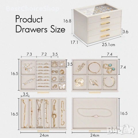 Vlando кутия за бижута 4-етажен органайзер с стъклен капак, снимка 4 - Подаръци за жени - 53199360