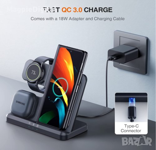 Безжично Зарядно за Samsung 3 в 1 (за телефон, часовник, слушалки), снимка 4 - Калъфи, кейсове - 40432230