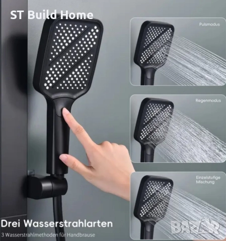 🛁 Стенна Душ Система с Двойни Глави – Съвременен Черен Дизайн 🛁, снимка 6 - Душове - 51869523