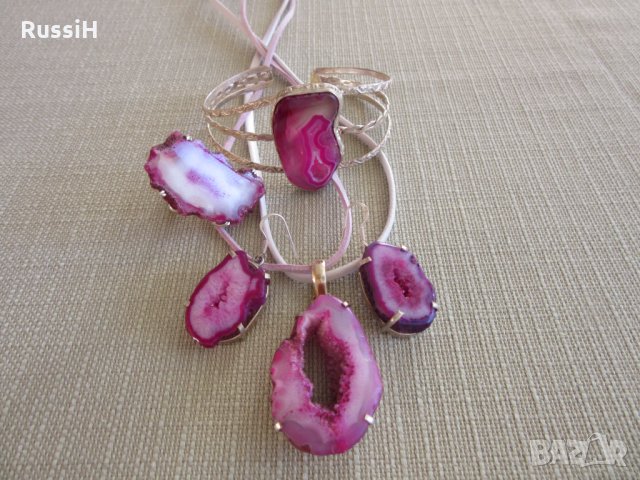 Комплект с розова друза ахат, снимка 4 - Бижутерийни комплекти - 35503855