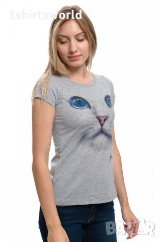 Нова дамска сива тениска с 3D принт Котка със сини очи, снимка 5 - Тениски - 29126621