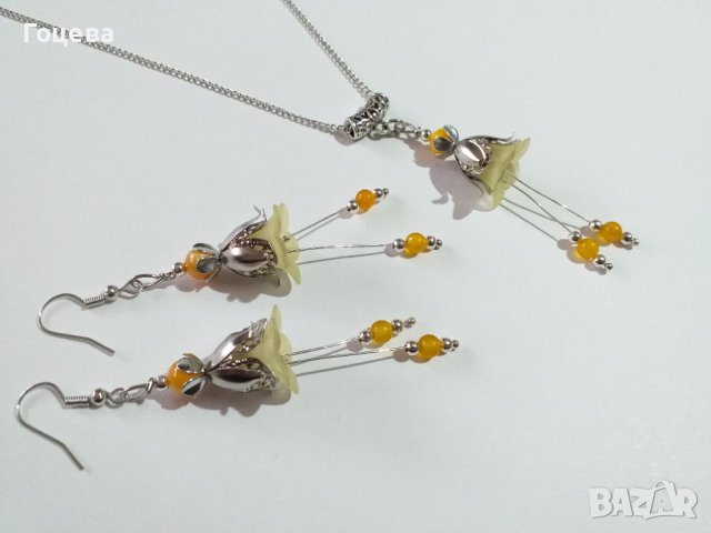 Прелестен комплект бижута с цветя,  жълт Авантюрин и жълт седеф и красиви орнаменти в цвят Сребро , снимка 3 - Бижутерийни комплекти - 38958081