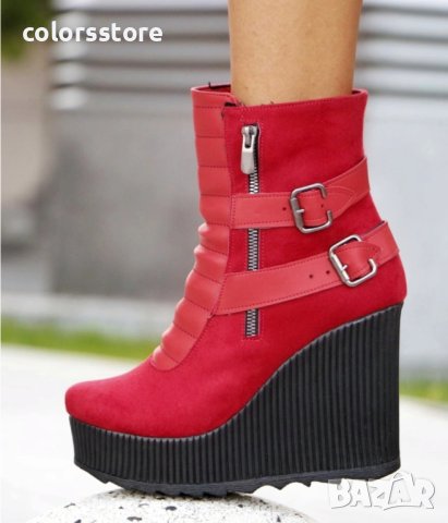 Боти на платформа - червен велур - B2001, снимка 2 - Дамски боти - 43021508