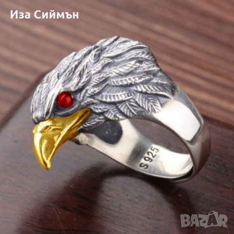 Масивен сребърен пръстен орел с рубини