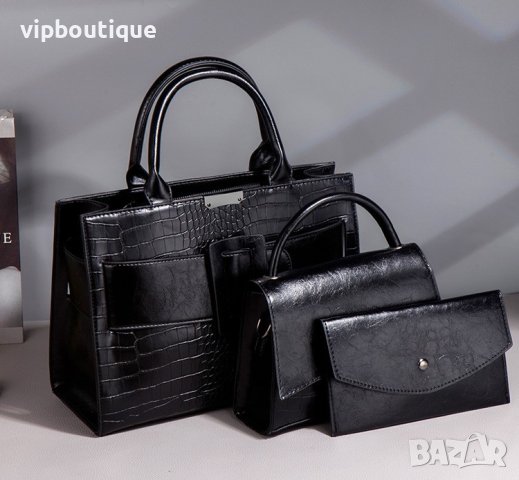 Черна Кожена Дамска Чанта Сет Комплект, снимка 2 - Чанти - 43064315