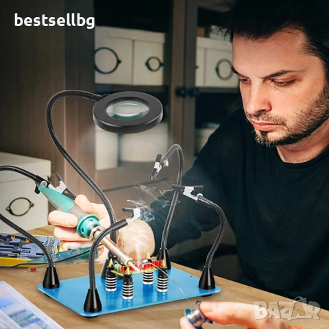 Увеличителна настолна лупа магнитна станция за запояване с LED осветление трета помощна ръка щипки к, снимка 9 - Поялници и запояване - 50876444