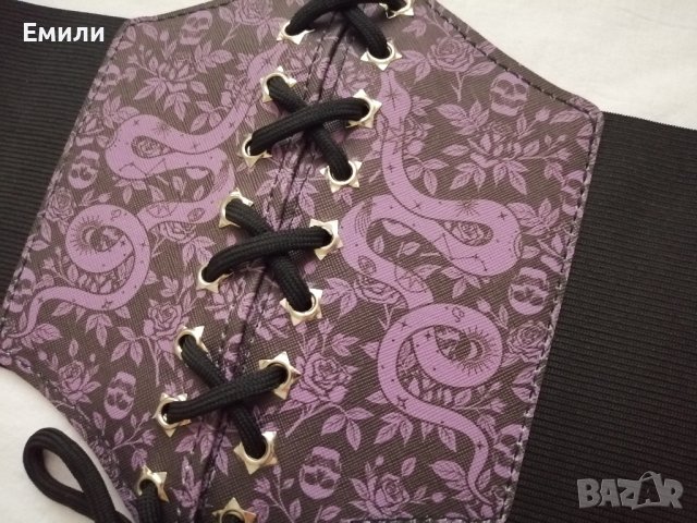 Черен корсет колан за талия с връзки в лилав/розов принт черепи, рози и змии , снимка 7 - Корсети, бюстиета, топове - 43330587