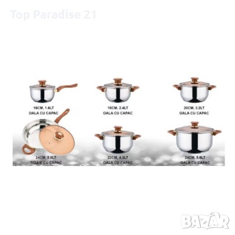 Комплект от 12 части съдове за готвене от неръждаема стомана със стъклени капаци, снимка 2 - Съдове за готвене - 44103722