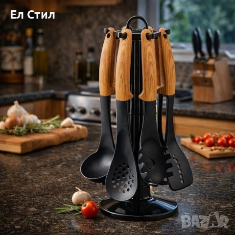 Комплект кухненски прибори 6 части с въртяща се стойка– дървесна визия, снимка 5 - Прибори за хранене, готвене и сервиране - 53573058
