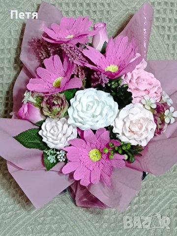 Букет с хартиени цветя в розово за имен ден, за рожден ден, снимка 2 - Декорация за дома - 43697378