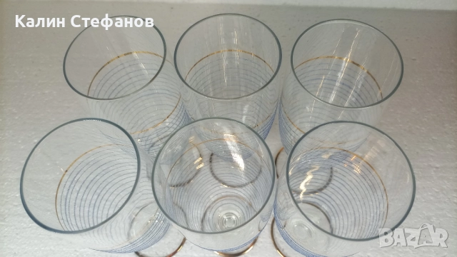 Страхотен ретро комплект за вино, шампанско, златни кантове, цветна синя посипка, 6 бр, снимка 8 - Антикварни и старинни предмети - 51570042