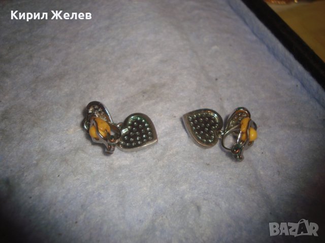 СТАРИ МЕДНИ ПОСРЕБРЕНИ РЕТРО АР НУВО РЕТРО КЛИПС ОБЕЦИ - СЪРЧИЦА с ФАСЕТИРАНИ ЦИРКОНЧЕТА 27658, снимка 3 - Антикварни и старинни предмети - 37722155