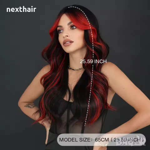 Ефектна черна перука с червени кичури с дълъг бретон, снимка 3 - Аксесоари за коса - 51313988