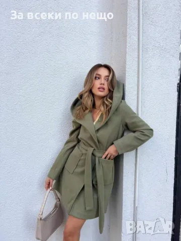 Дамско палто с качулка и колан - 3 налични цвята Код A158, снимка 5 - Палта, манта - 47585594