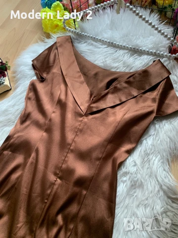 Кафява сатенена рокля, снимка 3 - Рокли - 50867061