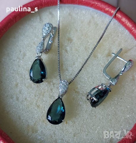 Два различни броя / Дизайнерски сребърен комплект 925 с емералд и Моисанит / Япония, снимка 4 - Бижутерийни комплекти - 32788243