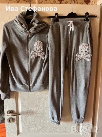 Уникален оригинален марков сет спортен комплект Philipp Plein сив памук silk череп камъни перли , снимка 3 - Спортни екипи - 47435922