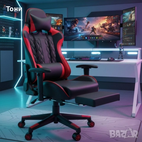 Ергономичен геймърски стол с функция за масаж и подложка за крака - червен, снимка 5 - Столове - 53240018