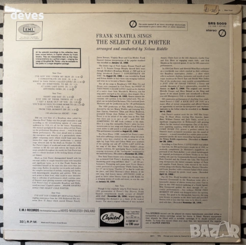 Frank Sinatra Sings The Select Cole Porter, UK, SRS 5009, VG+/VG, снимка 2 - Грамофонни плочи - 53481013