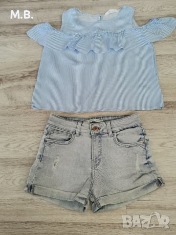 Дънкови панталонки Bershka, блуза H&M, снимка 2 - Детски къси панталони - 36623871