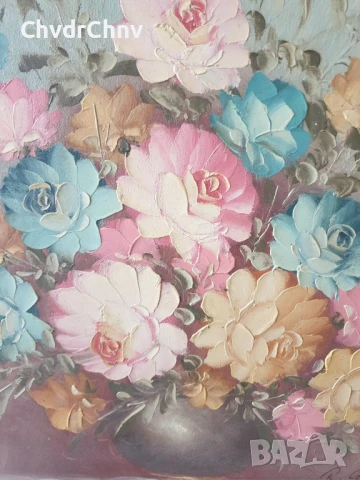 Robert Cox 63х53см/стара картина масло върху платно/натюрморт ваза с цветя/дървена рамка, снимка 3 - Картини - 50895732