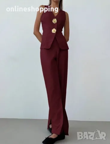 Елегантен дамски сет бордо панталон и елек, снимка 2 - Комплекти - 49832688