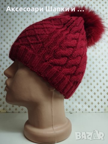 Дамска плетена шапка с естествен косъм лукс- мпш40, снимка 3 - Шапки - 43302170