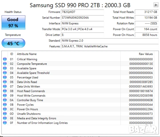 Samsung 990 Pro 2TB NVMe M.2 (2280), скорост на четене до 7450Mb/s, скорост на запис 6900MB/s, снимка 4 - Твърди дискове - 53079203