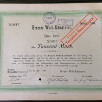 Акция за 1000 марки | Bremen Woll-Kämmerei | 1920г., снимка 1 - Други ценни предмети - 27887748
