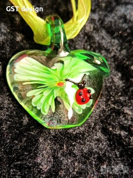 Спешно Колие Висулка Мурано Стъкло Органза Релеф Сърце Калинка , снимка 1