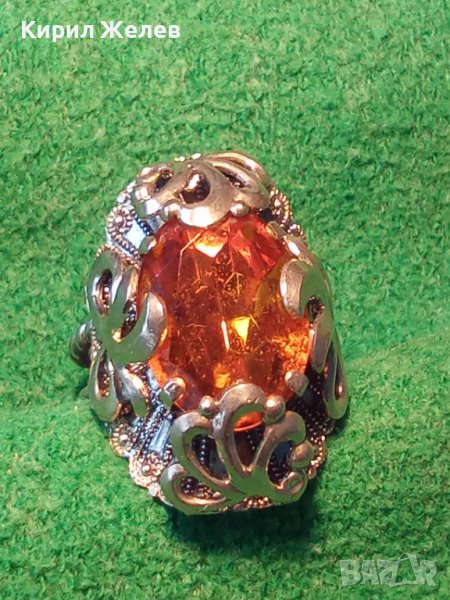 СТАР СКЪПОЦЕНЕН РЕТРО МЕДЕН ПОСРЕБРЕН ПРЪСТЕН с ОГРОМЕН ЮВЕЛИРНО ФАСЕТИРАН НАТУРАЛЕН ЦИТРИН 26280, снимка 1