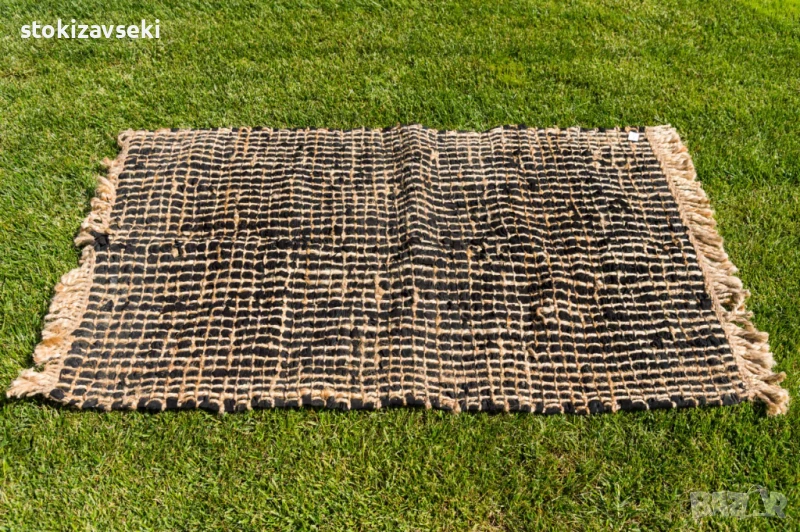 Килим тип черга с ресни, черно с бежово, 3 размера, снимка 1