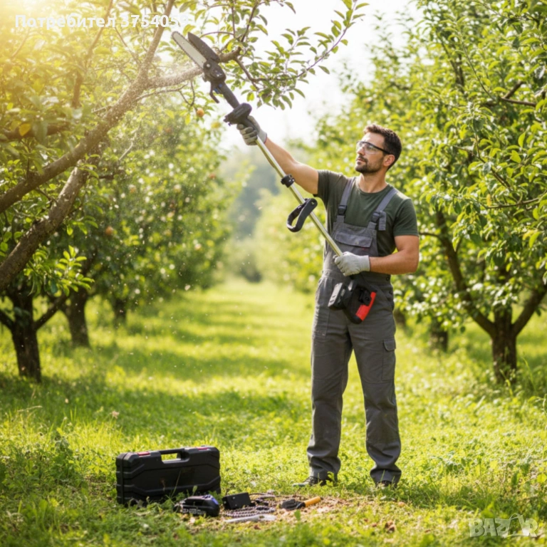 Акумулаторен мини верижен трион с телескопичен прът 21V – комплект за безопасно рязане на клони и дъ, снимка 1