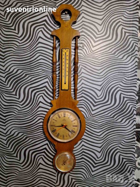 Стар дървен часовник термометър влагометър, снимка 1