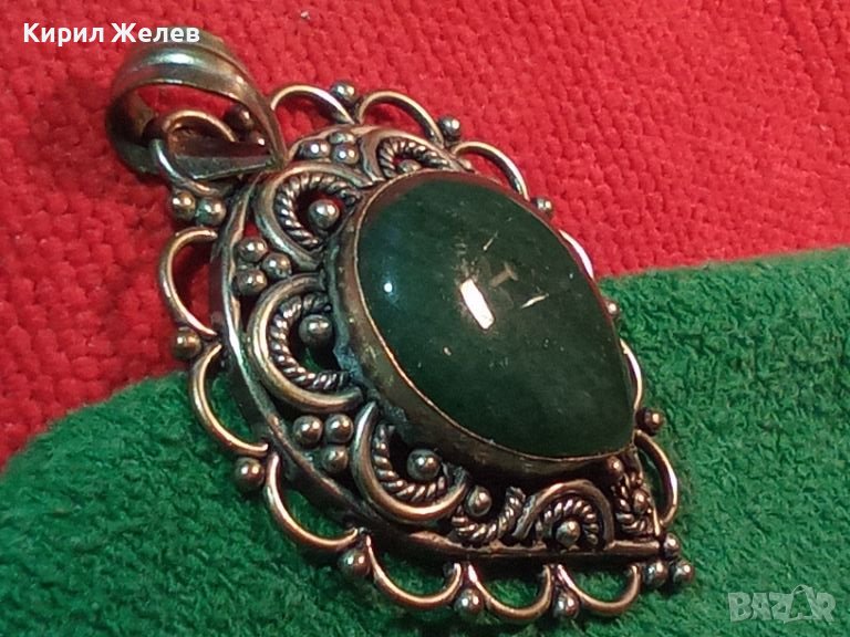 Стар АЖУРЕН МЕЛХИОРЕН МЕДАЛЬОН с ОГРОМЕН ЮВЕЛИРНО ПОЛИРАН НАТУРАЛЕН ЗЕЛЕН АХАТ Ретро БИЖУ 45570, снимка 1