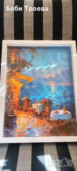 Жива Морска Картина с Балкон, Лунен Небосвод и Яхти, снимка 1