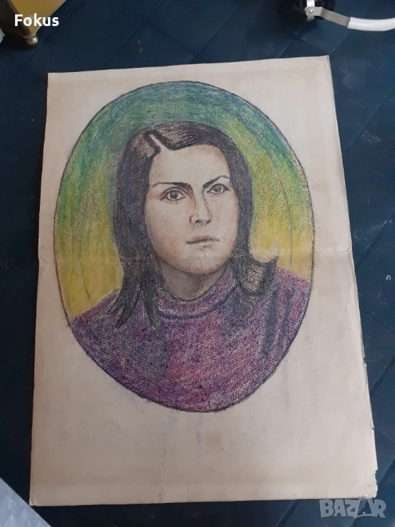 Стара майсторска рисунка с пастели - картина портрет жена, снимка 1