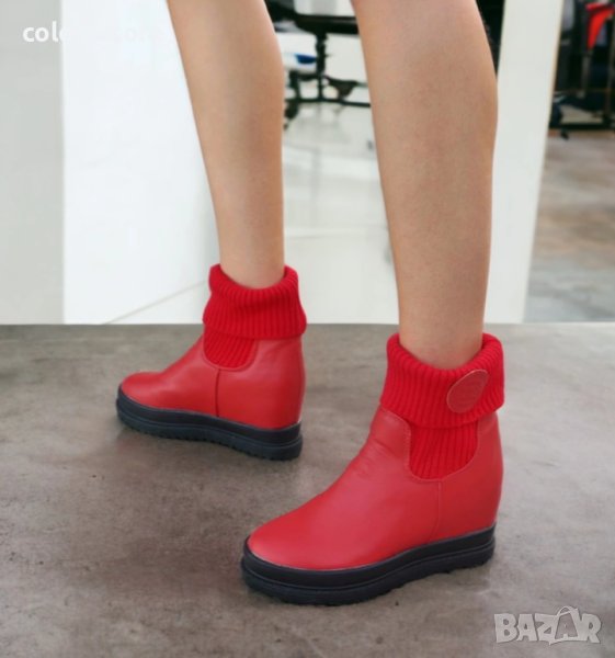 Боти на платформа - червена кожа - 256-70, снимка 1