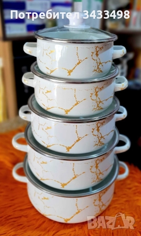Комплект от 5 многослойни емайлирани тенджери с кристални капаци, снимка 2 - Съдове за готвене - 51857596