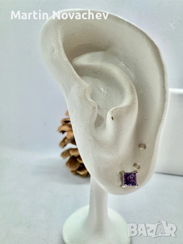 Сребърни обеци с естествен аметист, снимка 6 - Обеци - 53438246