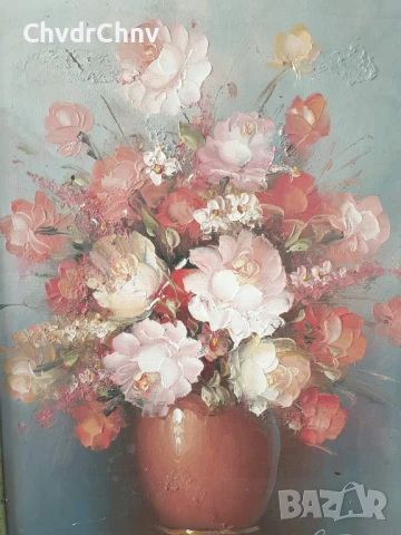 Gustavus 50х40см/малка стара картина масло върху платно/натюрморт ваза с цветя/дървена рамка, снимка 2 - Картини - 50823474