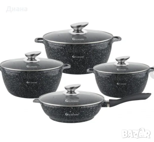 Комплект тенджери Goldmann -2.3\4.5\6.5\2.3L., Лят алуминий, Мраморно покр.,  отвътре/отвън, снимка 1