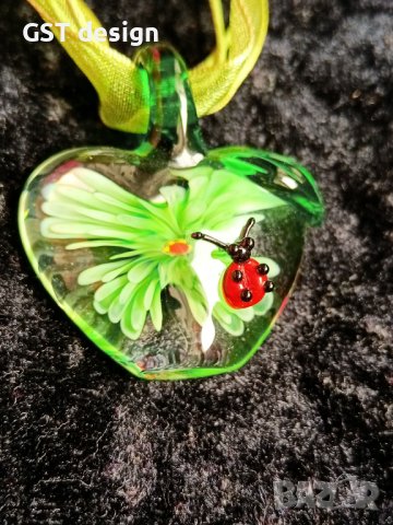 Спешно Колие Висулка Мурано Стъкло Органза Релеф Сърце Калинка , снимка 1