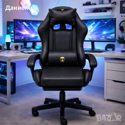 Премиум геймърски стол с масажна функция, поставка за крака