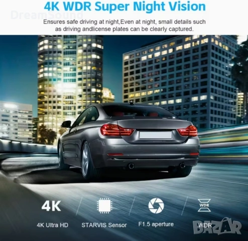 4K Видеорегистратор (Dash Cam) с Wi-Fi | Нощно виждане, Паркинг режим, снимка 5 - Аксесоари и консумативи - 53601336